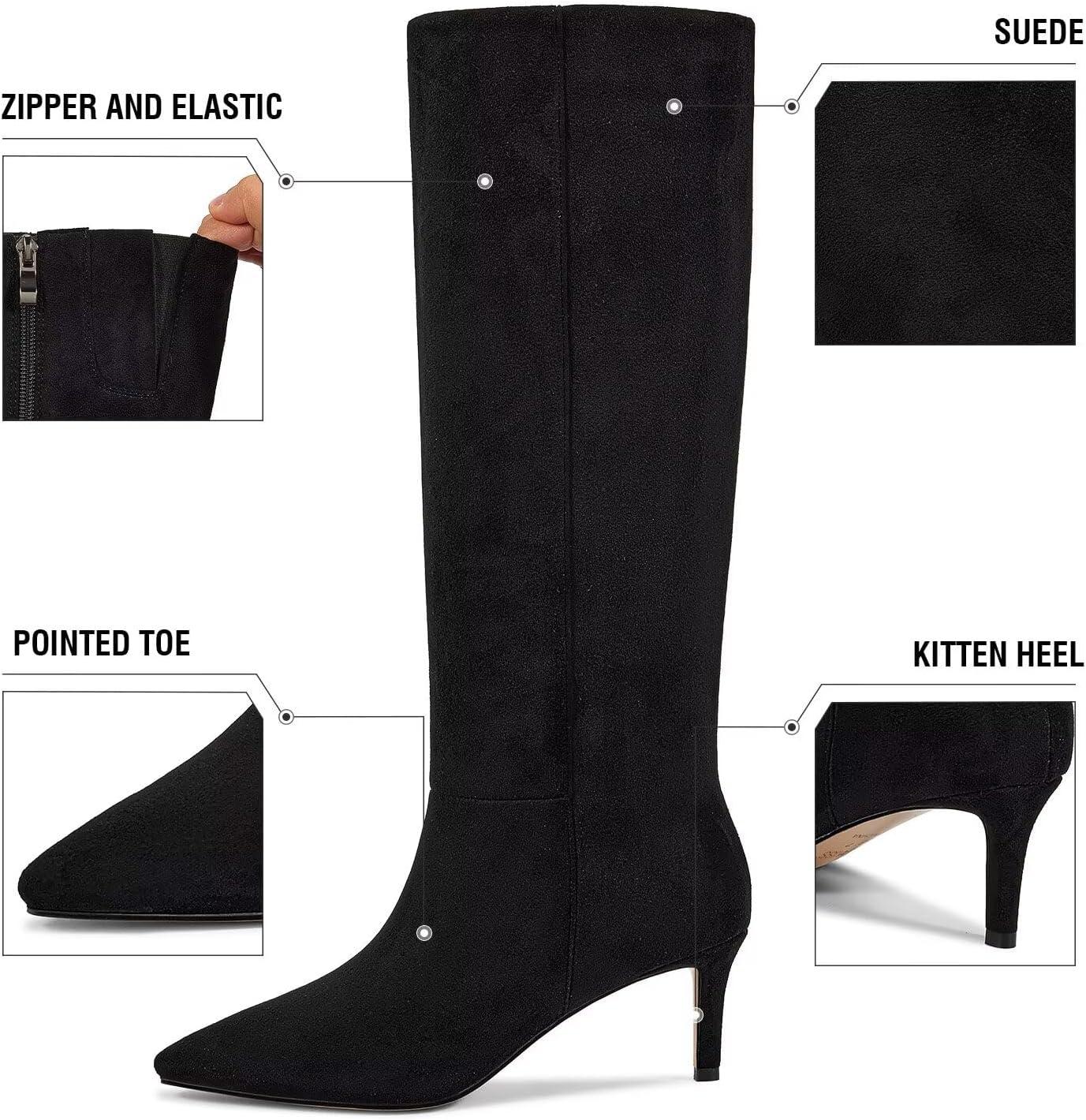 imagewetkiss Knee High Boots for Women with Kitten Heel and Pointed Toe Design Classic and SexyFsuede Black zipper
