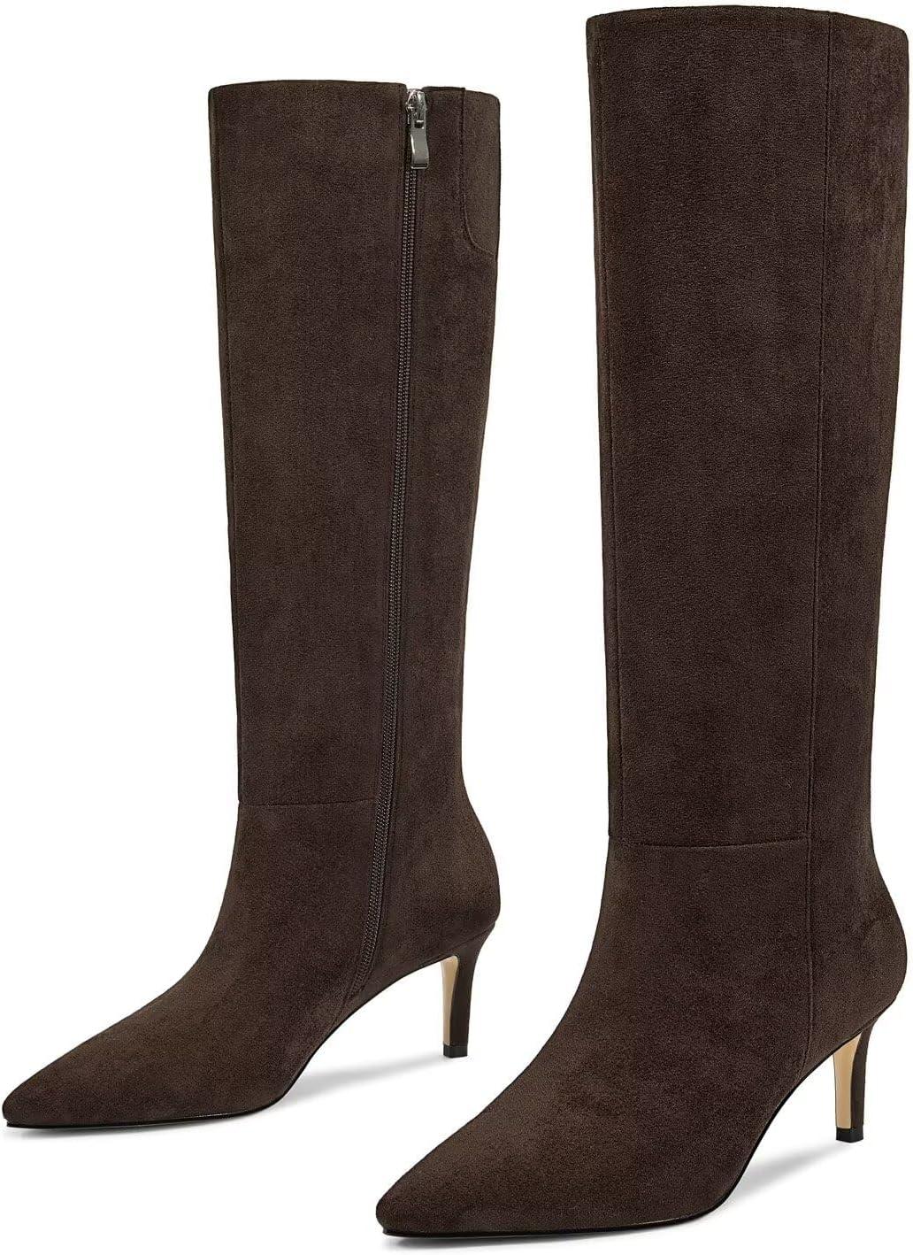 imagewetkiss Knee High Boots for Women with Kitten Heel and Pointed Toe Design Classic and SexyGsuede Mocha Dark Brownzipper