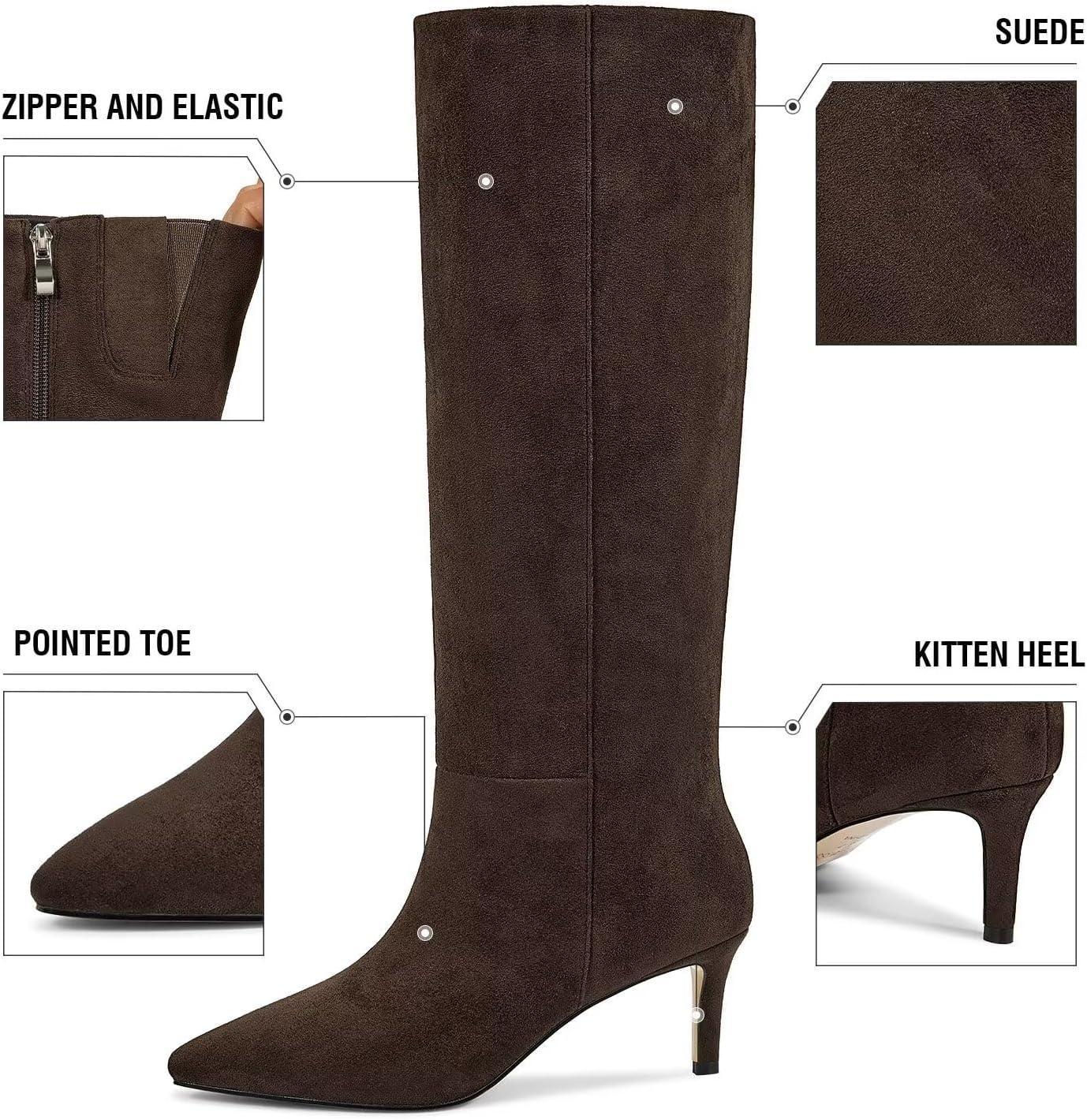 imagewetkiss Knee High Boots for Women with Kitten Heel and Pointed Toe Design Classic and SexyGsuede Mocha Dark Brownzipper