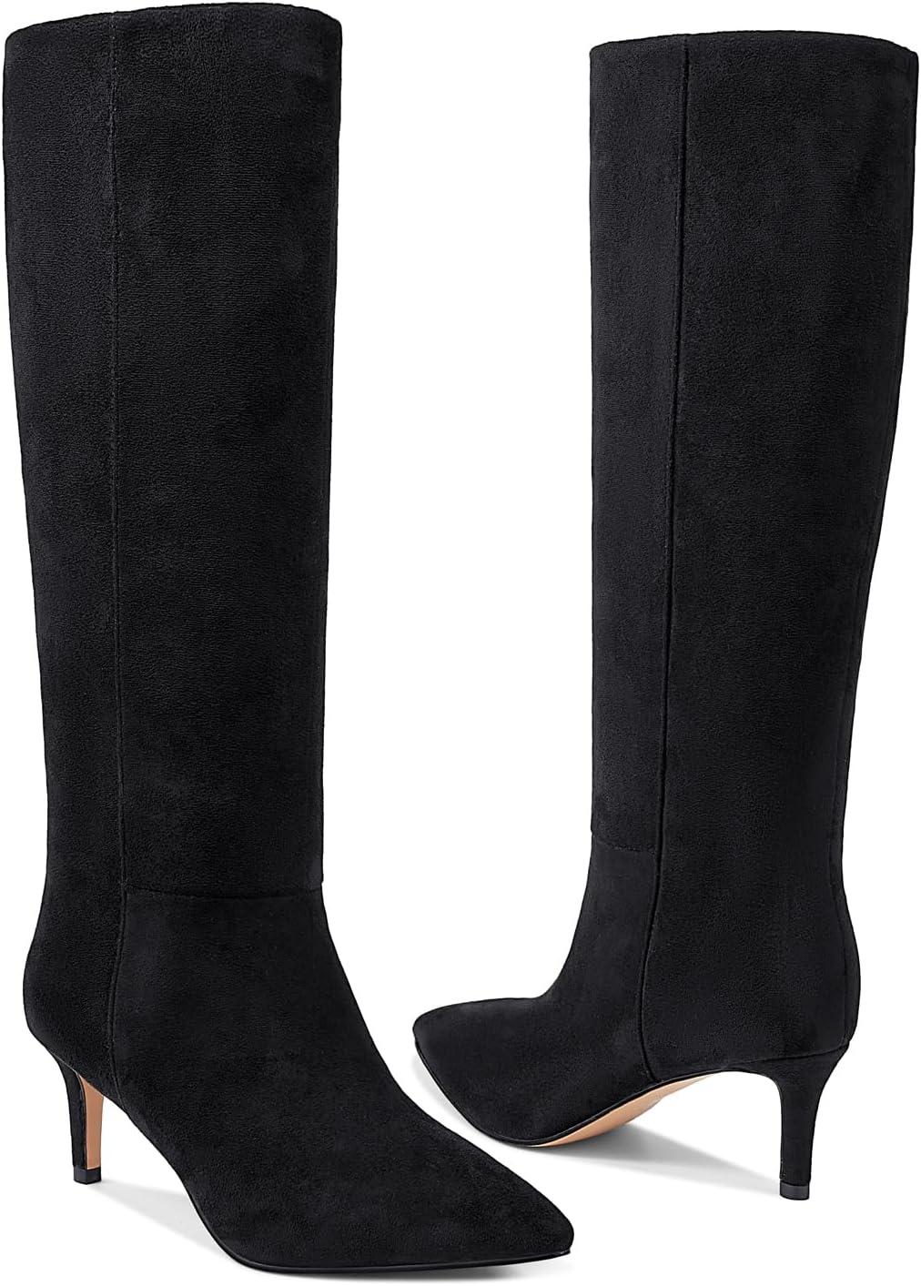 imagewetkiss Knee High Boots for Women with Kitten Heel and Pointed Toe Design Classic and SexyYsuede Blackno Zipper