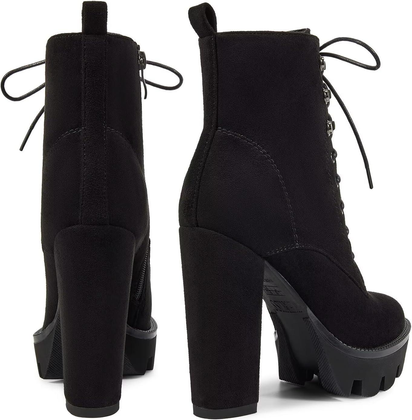 imagewetkiss Platform Boots for Women Heeled Combat Boots Chunky Heel Booties Round Toe Lace Up High Heel Ankle BootsSuede Black