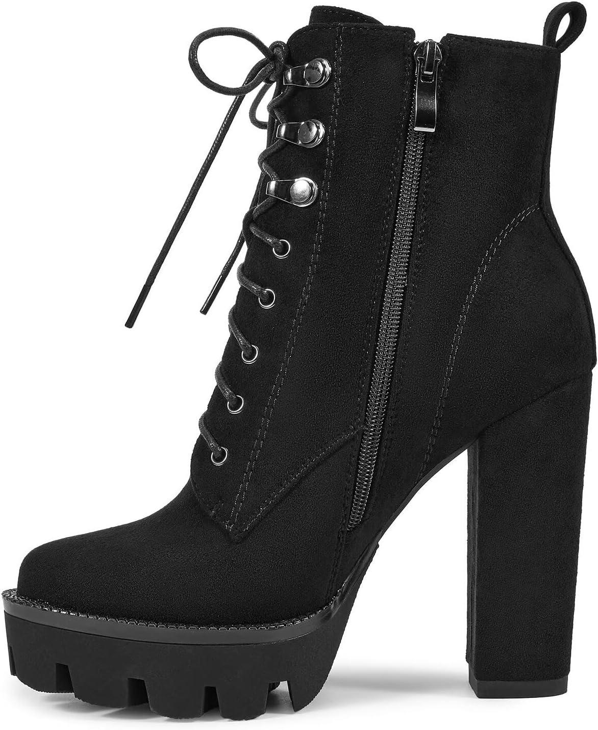 imagewetkiss Platform Boots for Women Heeled Combat Boots Chunky Heel Booties Round Toe Lace Up High Heel Ankle BootsSuede Black