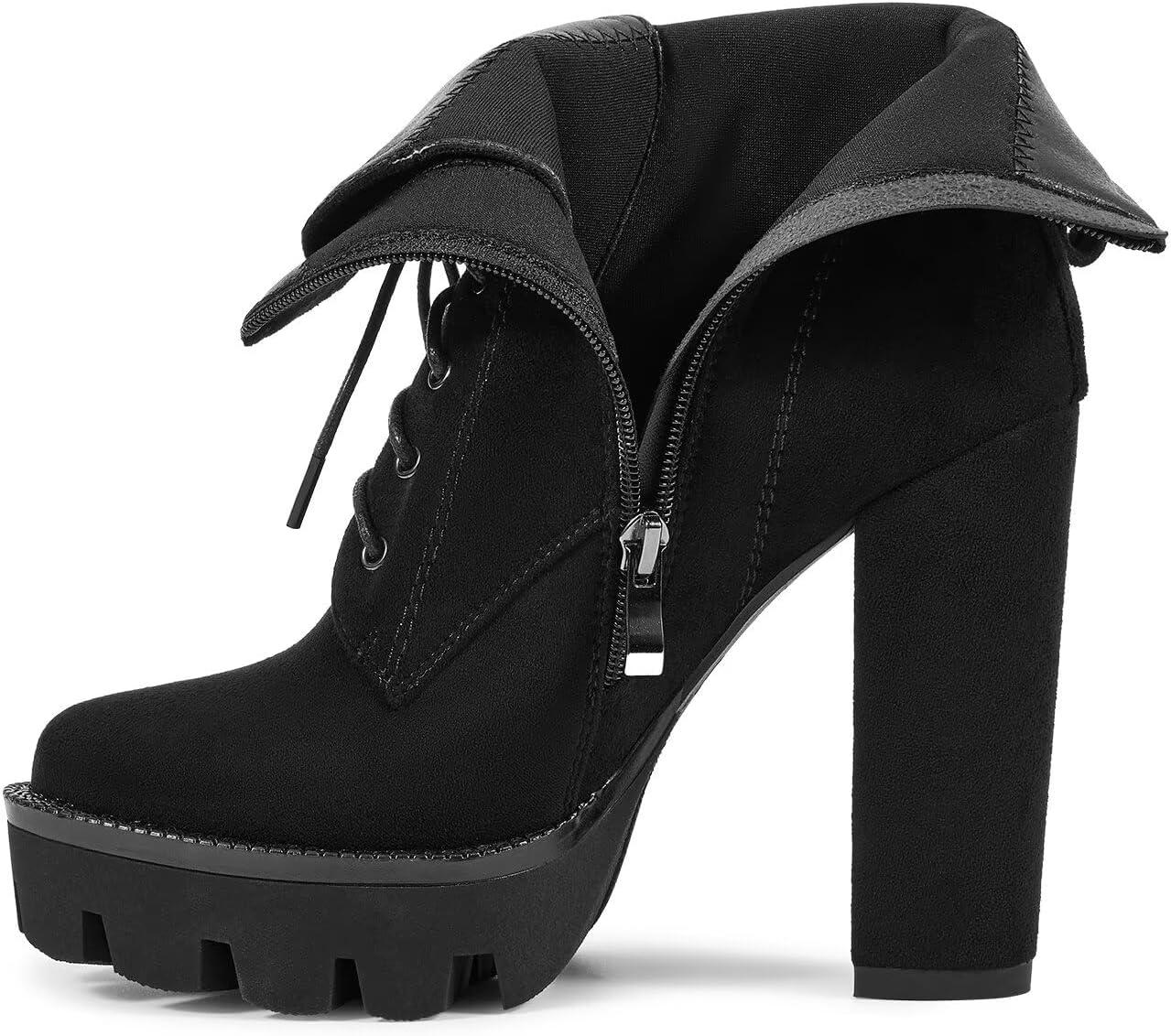 imagewetkiss Platform Boots for Women Heeled Combat Boots Chunky Heel Booties Round Toe Lace Up High Heel Ankle BootsSuede Black