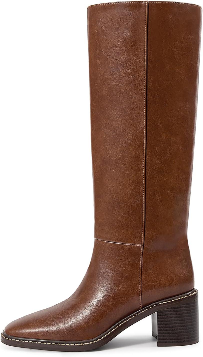 imagewetkiss Womens Knee High Boots Tall Riding Boots with Block Chunky Heel Almond Round Toe and Low Platform Pull on Winter Fall Fashion Long BootsMatte Brown