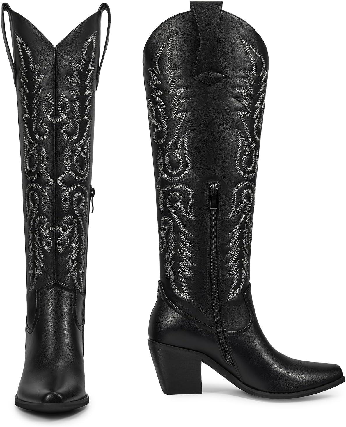 imagewetkiss Womens Tall Cowboy Boots Side Zipper Ladies Cowgirl Knee High BootsComfortable Retro Vintage Embroidery Pointed Toe Block Chunky HeelMatte Black