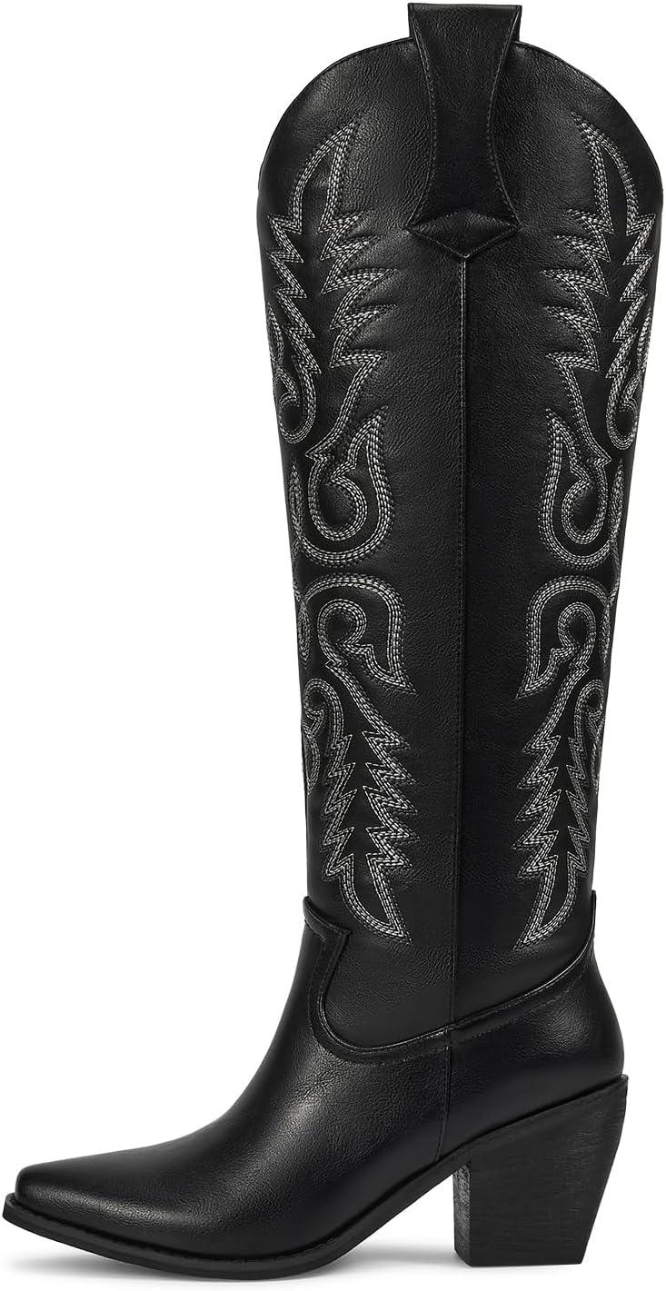 imagewetkiss Womens Tall Cowboy Boots Side Zipper Ladies Cowgirl Knee High BootsComfortable Retro Vintage Embroidery Pointed Toe Block Chunky HeelMatte Black