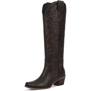imagewetkiss Black Cowboy Boots for Women Knee High Cowgirl Tall Boots with Classic Retro Embroidered Chunky Heel Slip On Pointed Toe Womens Western Boots for Girls LadiesDark Brown