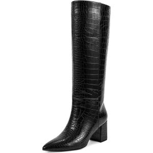 imagewetkiss Knee High Boots Women Chunky Heel Pointed Toe Tall PullOn Dress Fashion Fall Long Tall BootCrocodile Blackpull on