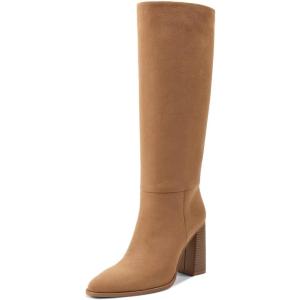 imagewetkiss Knee High Boots Women Slip OnZipper Boots for Work Date Dress Party Club ShoesSuede Brown  Pull on