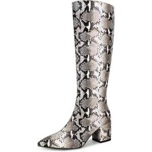 imagewetkiss Women Snakeskin Booties Ankle Boots Slip on for Ladies Snake Print Boots Chunky Block Mid Heels Fashion ShoesBrownsnake