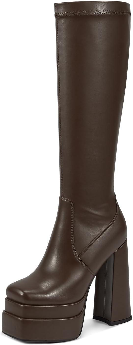 wetkiss Platform Knee High Boots Women Chunky High Heel Black Boots for ...