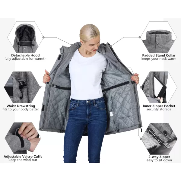 Outdoor Ventures Women's Winter Padded Ski Jacket Long Anorak Utility Jacket Waterproof Warm Snow Coat with Detachable Hood