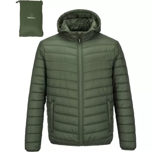imageOutdoor Ventures Mens Lightweight Packable Hooded Puffer Jacket Insulated Winter Coat for Snow Ski TravelingArmy Greenfold in Pocket