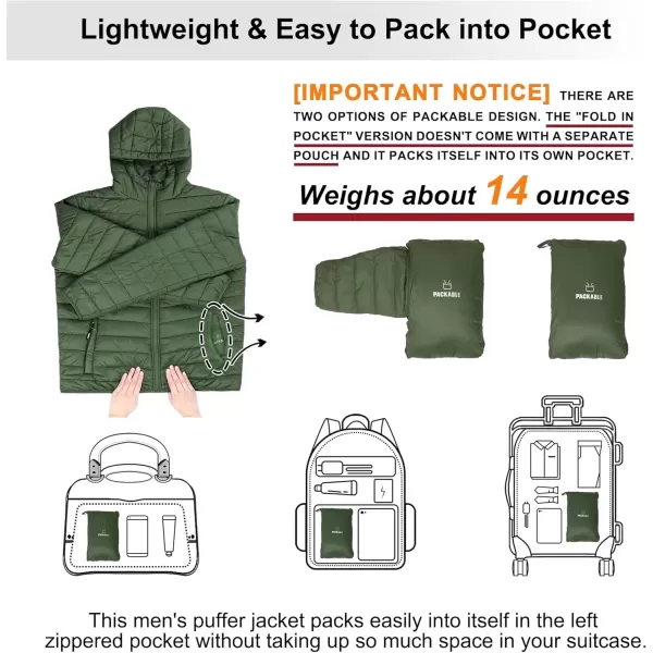 imageOutdoor Ventures Mens Lightweight Packable Hooded Puffer Jacket Insulated Winter Coat for Snow Ski TravelingArmy Greenfold in Pocket