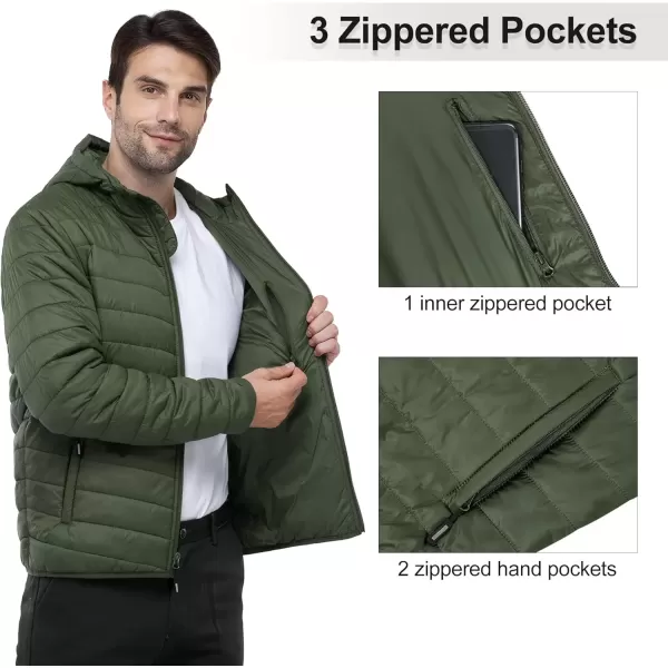 imageOutdoor Ventures Mens Lightweight Packable Hooded Puffer Jacket Insulated Winter Coat for Snow Ski TravelingArmy Greenfold in Pocket