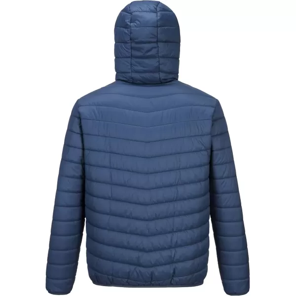 imageOutdoor Ventures Mens Lightweight Packable Hooded Puffer Jacket Insulated Winter Coat for Snow Ski TravelingCollegiate Navyfold in Pocket