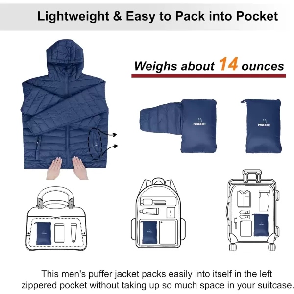 imageOutdoor Ventures Mens Lightweight Packable Hooded Puffer Jacket Insulated Winter Coat for Snow Ski TravelingCollegiate Navyfold in Pocket