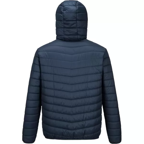 imageOutdoor Ventures Mens Lightweight Packable Hooded Puffer Jacket Insulated Winter Coat for Snow Ski TravelingDark Denimfold in Pocket Or Bag