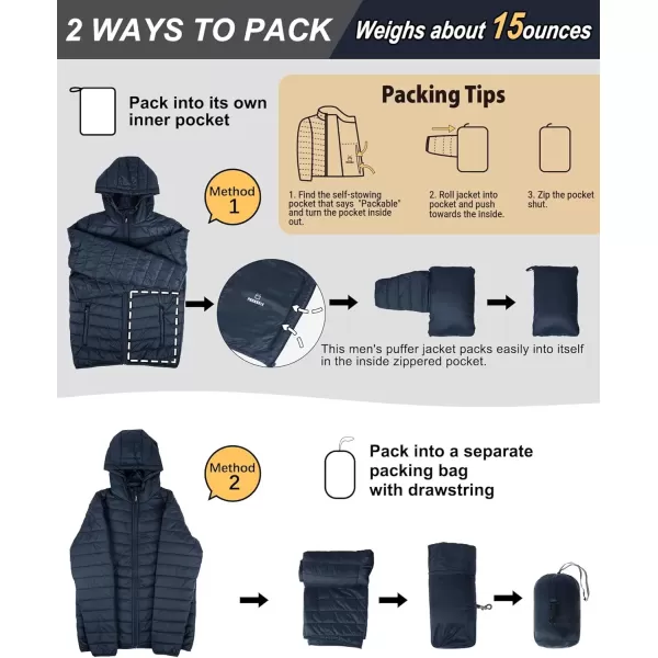 imageOutdoor Ventures Mens Lightweight Packable Hooded Puffer Jacket Insulated Winter Coat for Snow Ski TravelingDark Denimfold in Pocket Or Bag