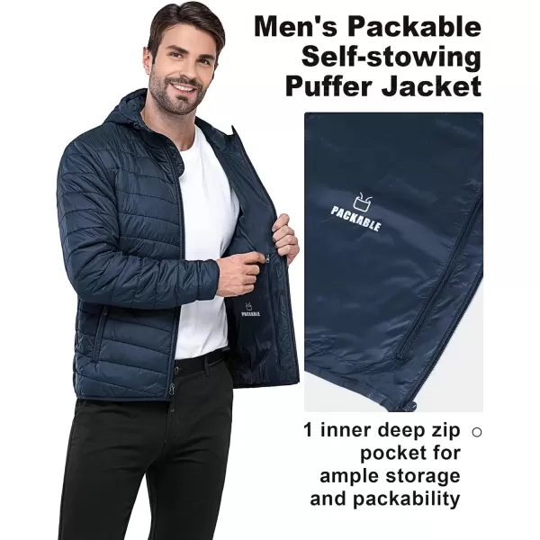 imageOutdoor Ventures Mens Lightweight Packable Hooded Puffer Jacket Insulated Winter Coat for Snow Ski TravelingDark Denimfold in Pocket Or Bag