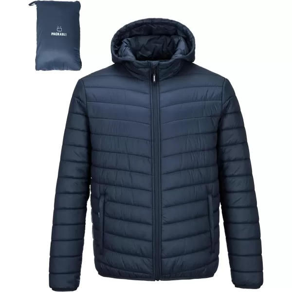 imageOutdoor Ventures Mens Lightweight Packable Hooded Puffer Jacket Insulated Winter Coat for Snow Ski TravelingDark Denimfold in Pocket Or Bag