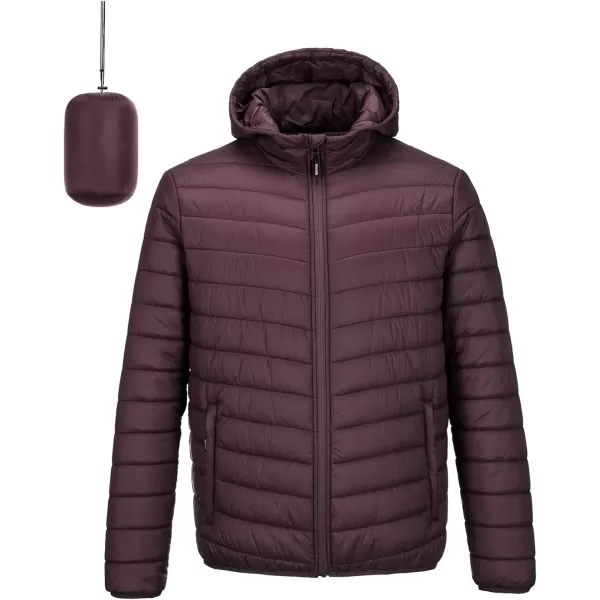 imageOutdoor Ventures Mens Lightweight Packable Hooded Puffer Jacket Insulated Winter Coat for Snow Ski TravelingEggplantfold in Bag