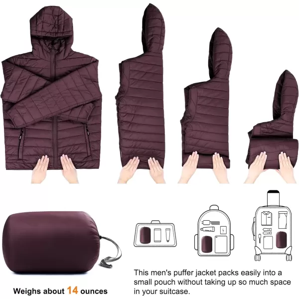 imageOutdoor Ventures Mens Lightweight Packable Hooded Puffer Jacket Insulated Winter Coat for Snow Ski TravelingEggplantfold in Bag