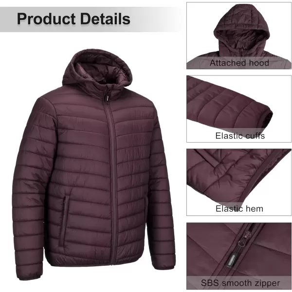 imageOutdoor Ventures Mens Lightweight Packable Hooded Puffer Jacket Insulated Winter Coat for Snow Ski TravelingEggplantfold in Bag