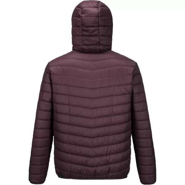 imageOutdoor Ventures Mens Lightweight Packable Hooded Puffer Jacket Insulated Winter Coat for Snow Ski TravelingEggplantfold in Bag