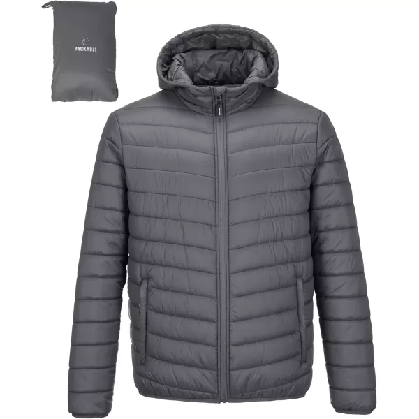imageOutdoor Ventures Mens Lightweight Packable Hooded Puffer Jacket Insulated Winter Coat for Snow Ski TravelingGreyfold in Pocket