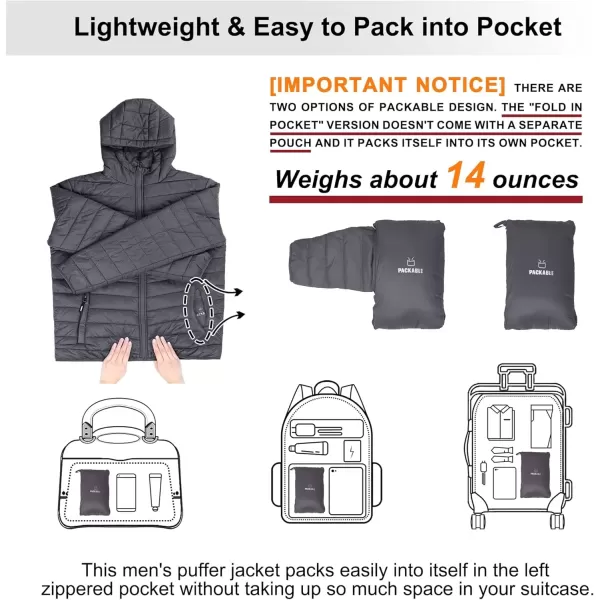 imageOutdoor Ventures Mens Lightweight Packable Hooded Puffer Jacket Insulated Winter Coat for Snow Ski TravelingGreyfold in Pocket