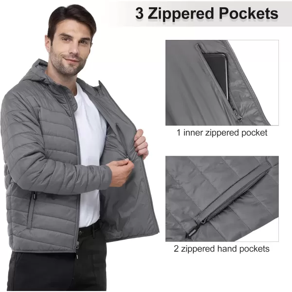 imageOutdoor Ventures Mens Lightweight Packable Hooded Puffer Jacket Insulated Winter Coat for Snow Ski TravelingGreyfold in Pocket