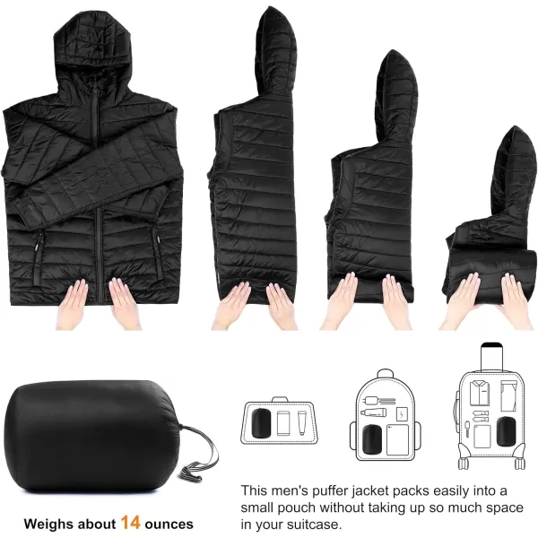 imageOutdoor Ventures Mens Lightweight Packable Hooded Puffer Jacket Insulated Winter Coat for Snow Ski TravelingNew Blackfold in Bag