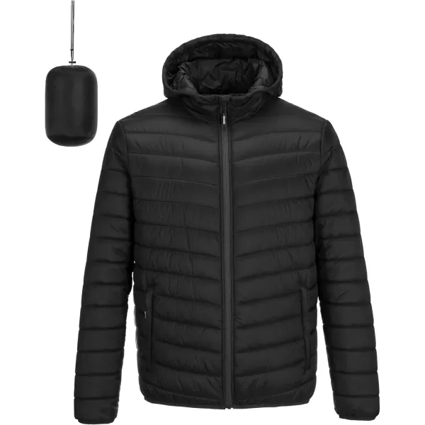 imageOutdoor Ventures Mens Lightweight Packable Hooded Puffer Jacket Insulated Winter Coat for Snow Ski TravelingNew Blackfold in Bag