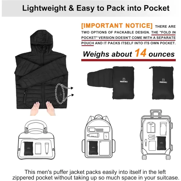 imageOutdoor Ventures Mens Lightweight Packable Hooded Puffer Jacket Insulated Winter Coat for Snow Ski TravelingNew Blackfold in Pocket