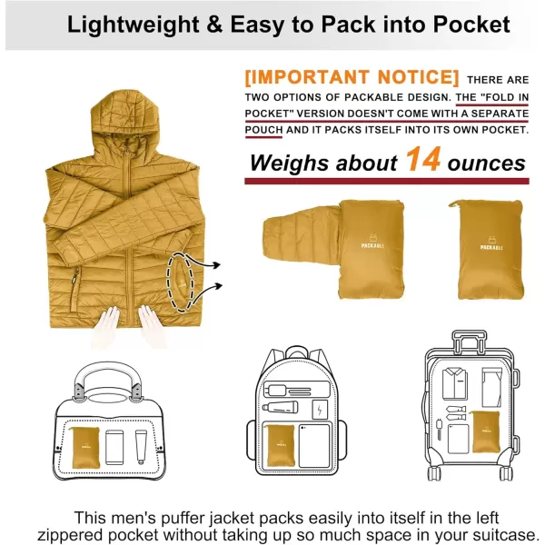imageOutdoor Ventures Mens Lightweight Packable Hooded Puffer Jacket Insulated Winter Coat for Snow Ski TravelingPalm Yellowfold in Pocket