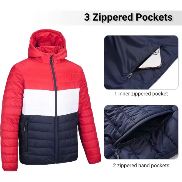 imageOutdoor Ventures Mens Lightweight Packable Hooded Puffer Jacket Insulated Winter Coat for Snow Ski TravelingRedWhiteBluefold in Pocket