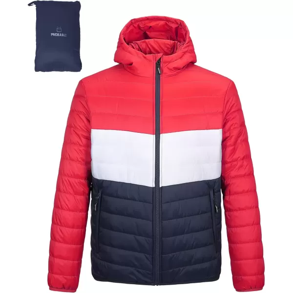 imageOutdoor Ventures Mens Lightweight Packable Hooded Puffer Jacket Insulated Winter Coat for Snow Ski TravelingRedWhiteBluefold in Pocket