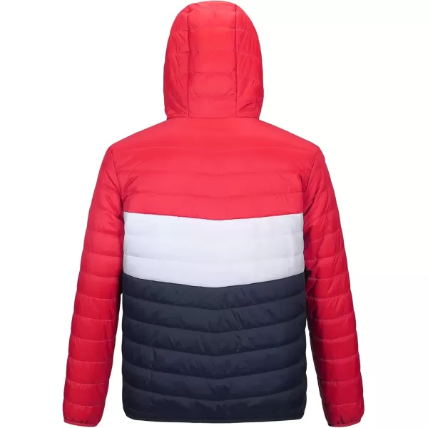 imageOutdoor Ventures Mens Lightweight Packable Hooded Puffer Jacket Insulated Winter Coat for Snow Ski TravelingRedWhiteBluefold in Pocket