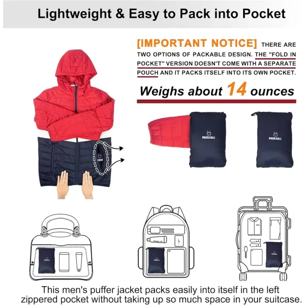 imageOutdoor Ventures Mens Lightweight Packable Hooded Puffer Jacket Insulated Winter Coat for Snow Ski TravelingRedWhiteBluefold in Pocket