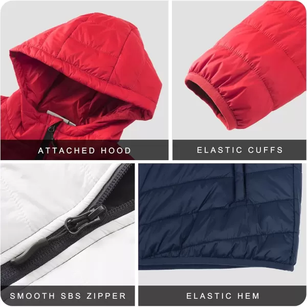 imageOutdoor Ventures Mens Lightweight Packable Hooded Puffer Jacket Insulated Winter Coat for Snow Ski TravelingRedWhiteBluefold in Pocket