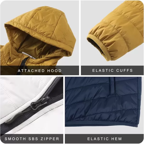 imageOutdoor Ventures Mens Lightweight Packable Hooded Puffer Jacket Insulated Winter Coat for Snow Ski TravelingYellowWhiteBluefold in Pocket