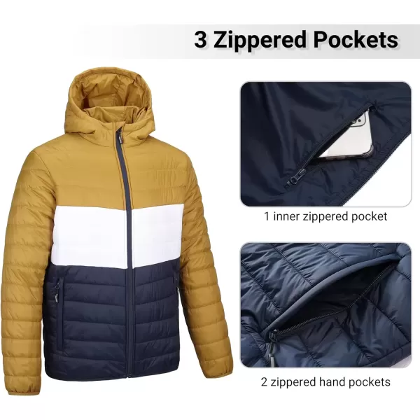 imageOutdoor Ventures Mens Lightweight Packable Hooded Puffer Jacket Insulated Winter Coat for Snow Ski TravelingYellowWhiteBluefold in Pocket