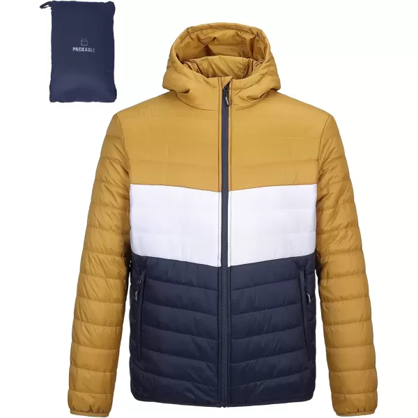 imageOutdoor Ventures Mens Lightweight Packable Hooded Puffer Jacket Insulated Winter Coat for Snow Ski TravelingYellowWhiteBluefold in Pocket