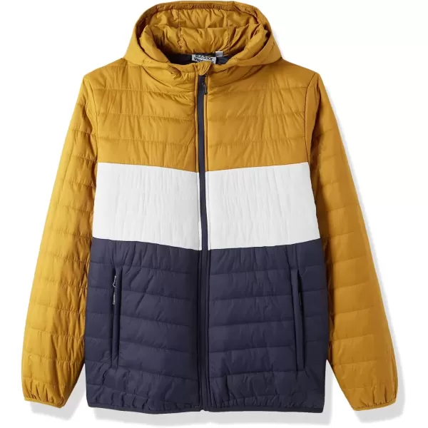 imageOutdoor Ventures Mens Lightweight Packable Hooded Puffer Jacket Insulated Winter Coat for Snow Ski TravelingYellowWhiteBluefold in Pocket