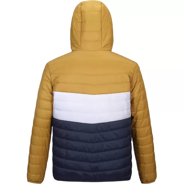 imageOutdoor Ventures Mens Lightweight Packable Hooded Puffer Jacket Insulated Winter Coat for Snow Ski TravelingYellowWhiteBluefold in Pocket