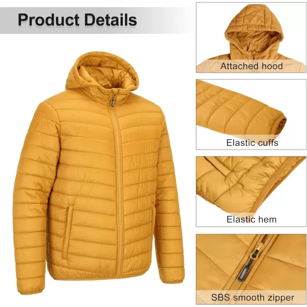 imageOutdoor Ventures Mens Lightweight Packable Hooded Puffer Jacket Insulated Winter Coat for Snow Ski TravelingYellowfold in Pocket
