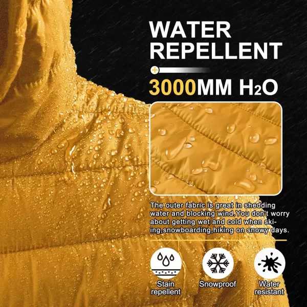 imageOutdoor Ventures Mens Lightweight Packable Hooded Puffer Jacket Insulated Winter Coat for Snow Ski TravelingYellowfold in Pocket