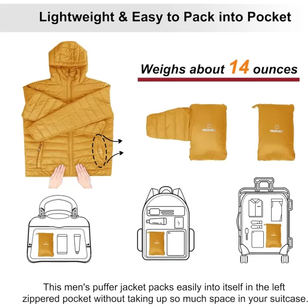 imageOutdoor Ventures Mens Lightweight Packable Hooded Puffer Jacket Insulated Winter Coat for Snow Ski TravelingYellowfold in Pocket