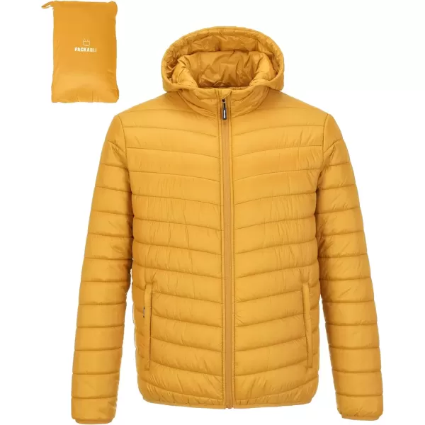 imageOutdoor Ventures Mens Lightweight Packable Hooded Puffer Jacket Insulated Winter Coat for Snow Ski TravelingYellowfold in Pocket